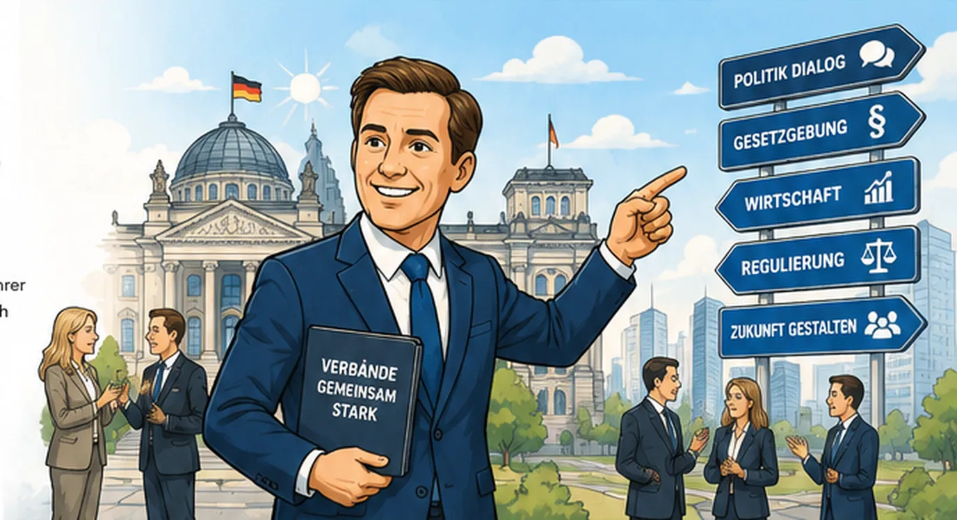Business-Cartoon zur politischen Interessenvertretung von Verbänden mit Verbandsgeschäftsführer, Parlament, politischen Gesprächen und Netzwerk