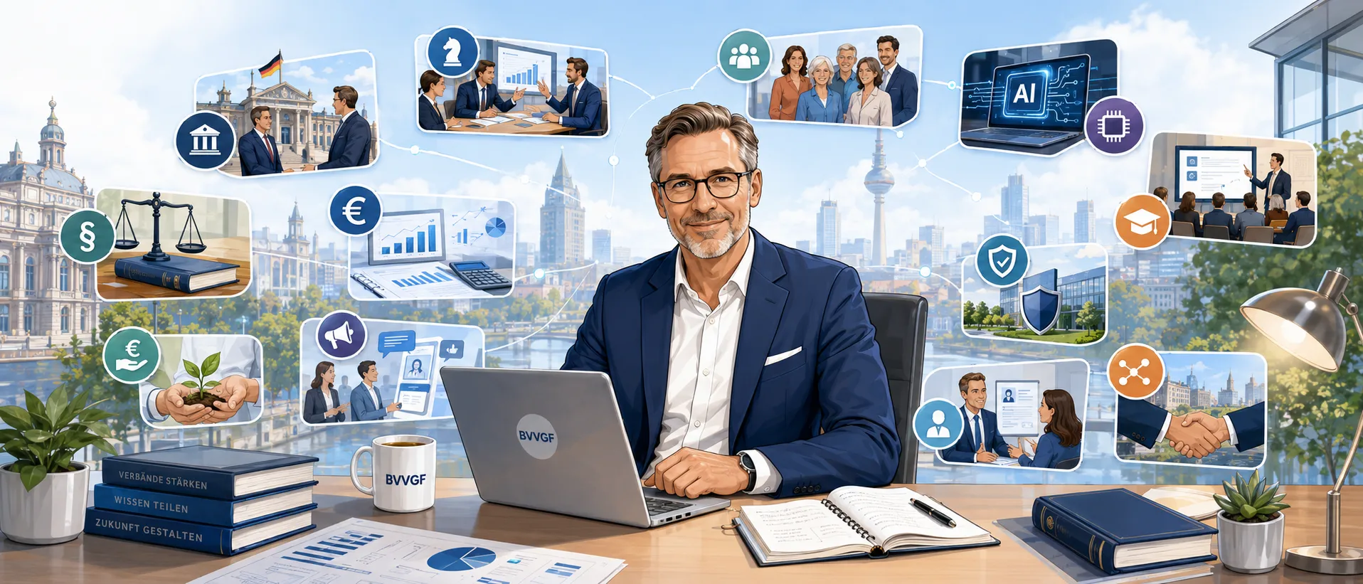 Detailreiche BVVGF-Business-Cartoon-Illustration mit einem Verbandsgeschäftsführer im Zentrum von Politik, Strategie, Recht, Finanzen, Mitgliedern, Digitalisierung, Weiterbildung, Personal und Netzwerk